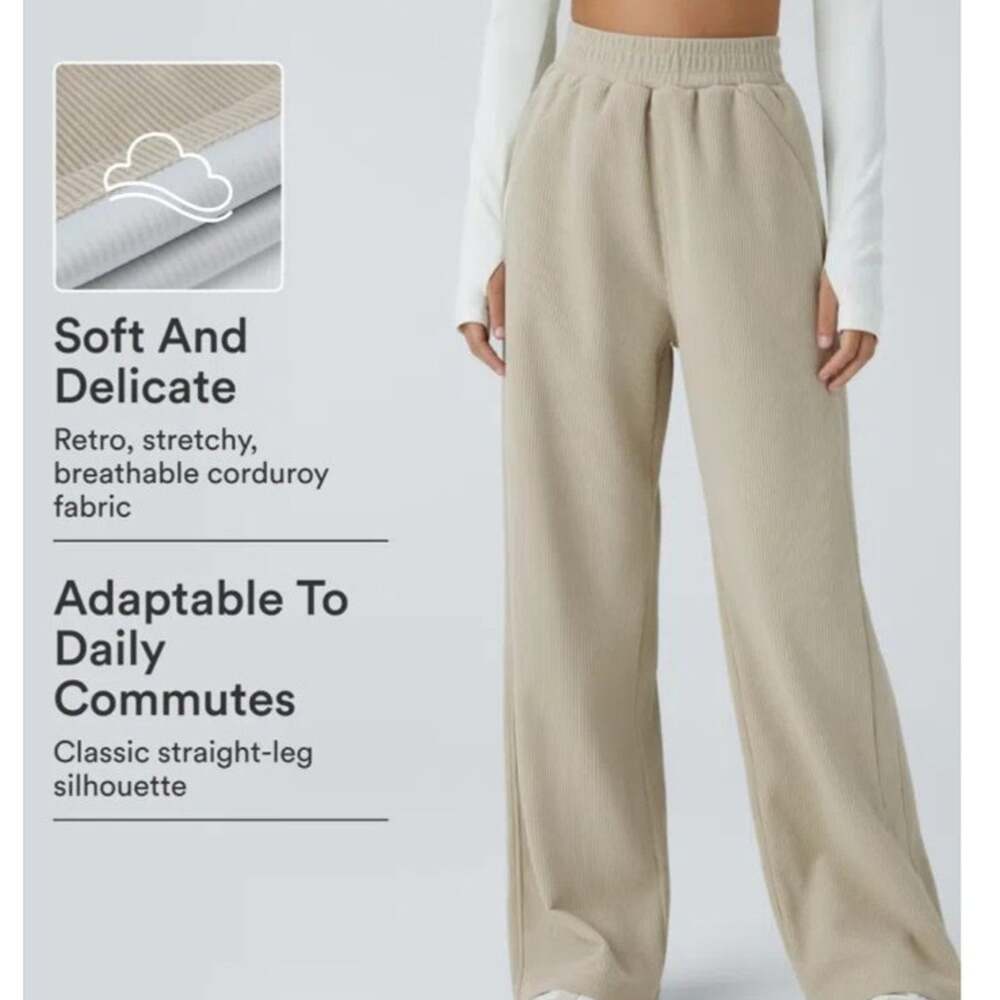 Halara Cream Corduroy High Rise Waist Pull On Straight Wide Leg sz SmallNWT